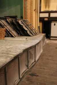 Front of the stage used for the altar. The chairs on stage were all pulled out and stored in various places. 